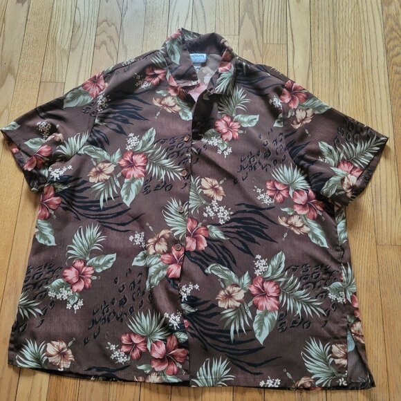 BonWorth Womens Hawaiian Floral Brown Short-Sleeve Button-Up Shirt Top Size XL - Picture 3 of 5